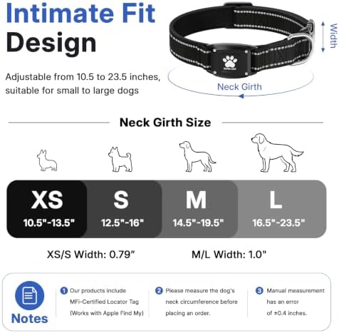 GPS Dog Collar with Tracker, Waterproof, No Monthly Fee, Black, M | Works with Apple Find My, iOS Only, MFi Certified, No SIM Card, for Medium Dogs, Reflective Padded Nylon, Neck 14.5-19.5 in