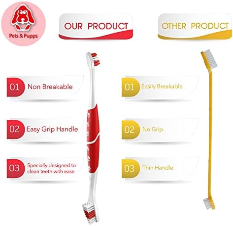 Pet Toothbrush for Dogs, Cats with Soft Bristles - Easy Teeth Cleaning & Dental Care, Non Slip Dual Head Dog Toothbrush for Medium & Large Pets, Toothpaste Not Included, Pack of 2 Red
