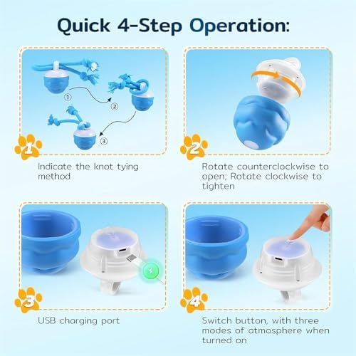 Interactive Dog Toys for Boredom-Automatic Rolling Ball with Ropes,Touch Activated Bouncing Jumping Dog Ball for Large/Medium/Small Dogs,Rechargeable Rolling Chasing Toy for Indoor Outdoor Play(Blue)