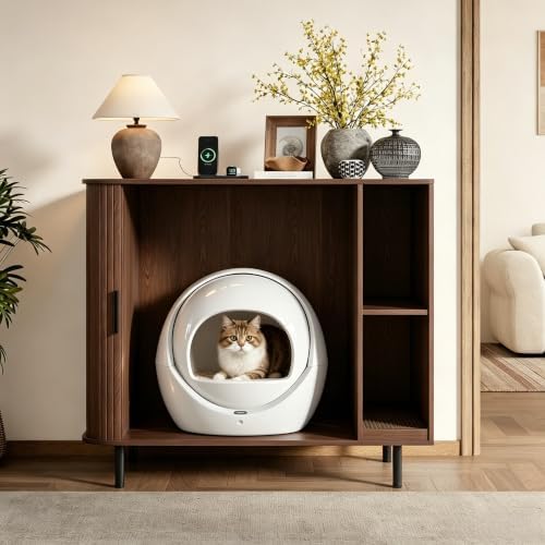 Large Cat Litter Box Enclosure with Scratch Pad, 42.6'' Hidden Litter Box Furniture for Automatic self-Cleaning Litter Boxes, Sliding Door, Adjustable Shelf for Dog Proof, Charging Station, Walnut