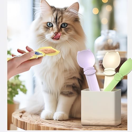 Cat Strip Feeder Spoon - Squeeze & Lickable Treat Dispenser for Wet Food, Multi-Purpose Pet Food Can Accessory (Assorted Colors) (Purple+Yellow)