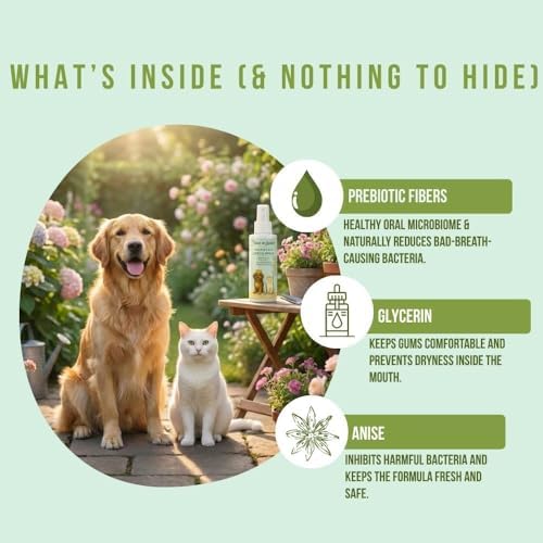 All Natural No-Brush Dental Spray for Dogs & Cats – Fresh Breath, Plaque & Tartar Support – Gentle Daily Oral Care, Prebiotic Formula, Yuka & INCI Rated Excellent