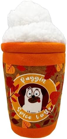 Huxley & Kent Funny Dog Toy w/Squeaker – Fall Power Plush Squeaky Dog Toys for Small, Medium & Large Dogs – Soft Stuffed Animal for Indoor Play & Fetch - Puggin Spice Latte, Small