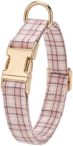 Soft Cotton Dog Collar Classic Plaid Pet Collars with Metal Clasp for Medium Dogs with Sensitive Skin, Blush Pastel Tartan