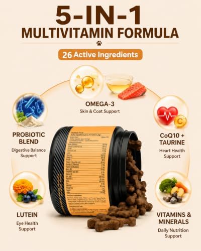 Dog Multivitamin Soft Chews: 5-in-1 Formula with CoQ10, Omega-3 and Lutein