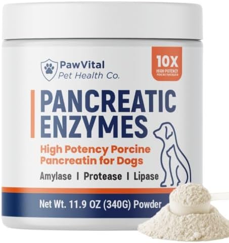 Pancreatic Enzymes for Dogs – 10X High Potency Porcine Pancreatin Digestive Enzyme Powder with Amylase, Protease & Lipase – EPI Support, Digestion & Nutrient Absorption – 340g
