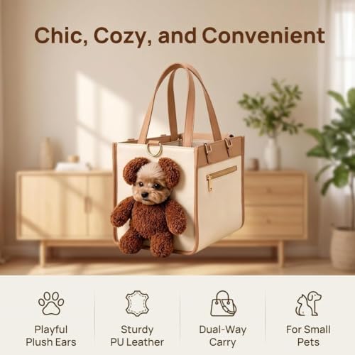 Teddy Bear Dog Carrier Bag, Upgrade 2-in-1 Stylish Dog Purse Carrier for Small Dogs,Puppy Sling Carrier with Peekaboo Window, Fashion Portable Tote Bag for Yorkie Poodle Chihuahua，L:9.69×3.78×2.76 in