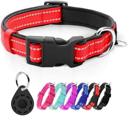 azuza Airtag Dog Collar, Medium Dog Collar with Airtag Holder, Red, M
