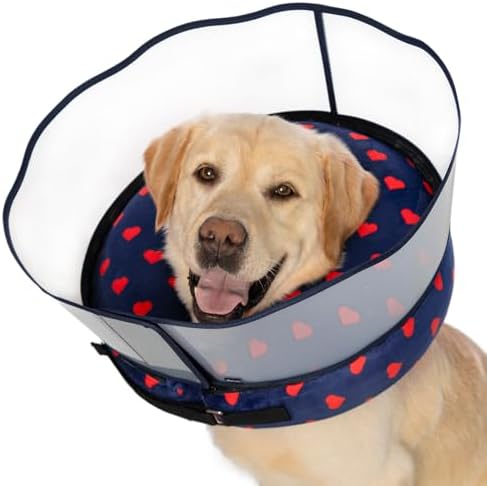 Inflatable Dog Cone Collar with Enhanced Anti-Licking Shield – Soft Adjustable Recovery Collar for Dogs & Cats After Surgery – Fits Large, Medium, Small Pets (Blue Love, Small)