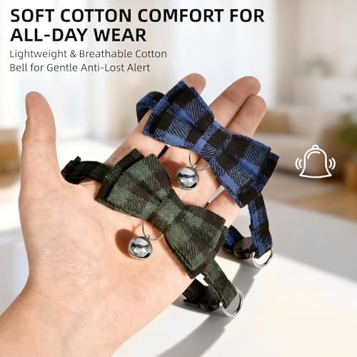 Plaid Breakaway Cat Collar with Bell & Removable Bow Tie – Cotton Kitten Collar with Bells for Boy Cats or Small Dogs. Adjustable Size 7.5-12.2in (3, Red/Green/Navy)