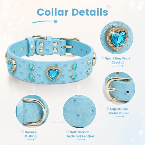Rhinestone Dog Collar with QR ID Tag, Ostrich-Embossed, Blue, L | Crystal Dog Collar with Ostrich-Embossed Texture, Adjustable Waterproof Fit and QR Scan Pet ID for Stylish Daily Wear