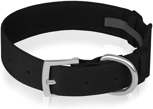 Leather Dog Collar with Airtag Holder - Apple Air Tag Dog Collars - Soft Tracking GPS Pet Collar for Small Medium Large Dogs Breed Puppy (Black, L, 15"-19" Neck Fit)