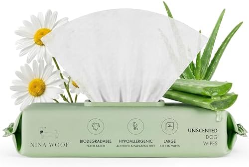 Nina Woof Dog Wipes – Fragrance-Free, Alcohol-Free, Hypoallergenic Pet Grooming Wipes with Aloe Vera, Biodegradable, for Dogs & Cats: Paws, Face, Ears & Butt – (70 Count)