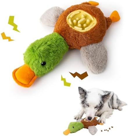 Hollypet Squeaky Plush Stuffed Dog Puzzle Toy with Slow Feeder Bowl, Interactive Chew Toy for Small and Medium Dogs, Wild Duck