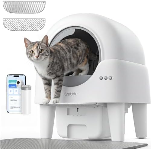 Self Cleaning Cat Litter Box, 90L Large Capacity for Cats 2.2-15 lbs, APP Control with Smart Safety Sensors, Quiet Operation, Easy Clean Detachable Globe, Cream White