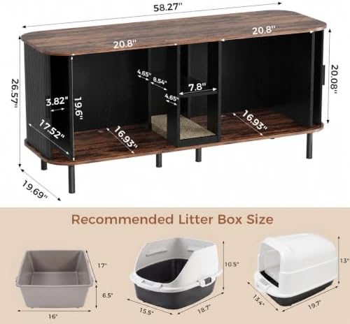 58'' Double Cat Litter Box Enclosure with Sliding Door, Black