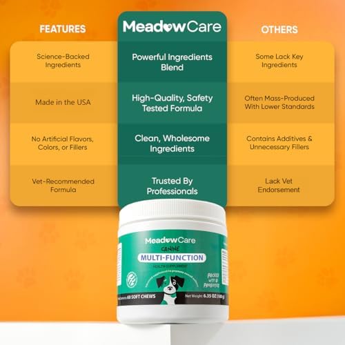 Multi-Function Supplement for Dogs | Supportive Daily Nutritional Soft Chews | Joint Mobility, Skin & Coat | Immune Support with Probiotics | 60 Count, 180 g (6.35 oz) | by Meadowcare