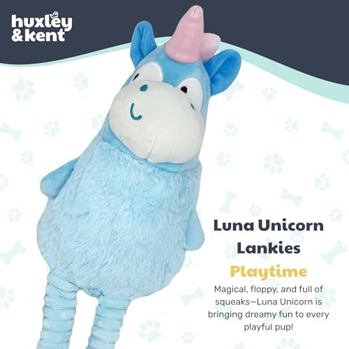 Huxley & Kent Funny Dog Toy w/Squeaker – Power Plush Squeaky Dog Toys for Small, Medium & Large Dogs – Soft Stuffed Animal for Indoor Play & Fetch - Squeak to Crunch - Lankies Luna Unicorn, Small