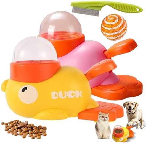 Duck Cat Treat Dispenser, Duck Pet Treat Dispenser, Yellow Ducks Cat Feeder Toy, 2-in-1 Interactive Dog Puzzle Toy & Slow Feeder for Small Medium Dogs and Cats, IQ Training (2PCS-B)