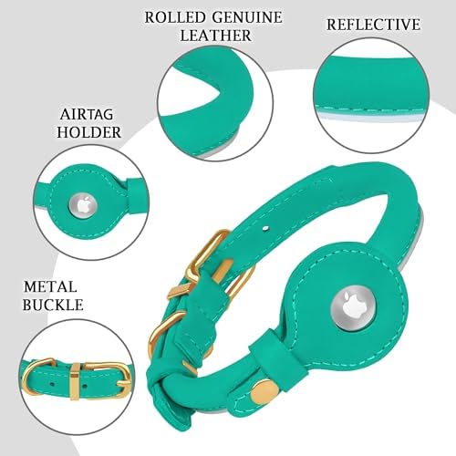 OOPSDOGGY Rolled Leather Dog Collar with Airtag Holder - Reflective Round Airtag Dog Collar - Soft Tracking Pet Collar for Small Dogs Puppy Cats Kitten (Teal, M, 12"-15")