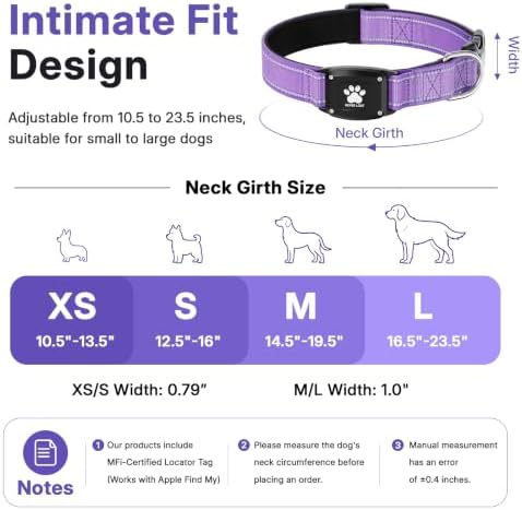 GPS Dog Collar with Tracker, Waterproof, No Monthly Fee, Purple, XS