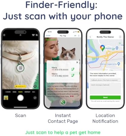 QR Code Dog Tag and Cat Tag, Scan to Reunite Faster, Waterproof and Durable, Lightweight and Quiet, Updatable Contact Info, with Eye-Catching Pet Character Designs