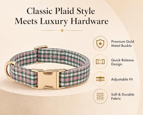 Soft Cotton Dog Collar Classic Plaid Pet Collars with Metal Clasp for Small Dogs with Sensitive Skin, Heritage Red Green
