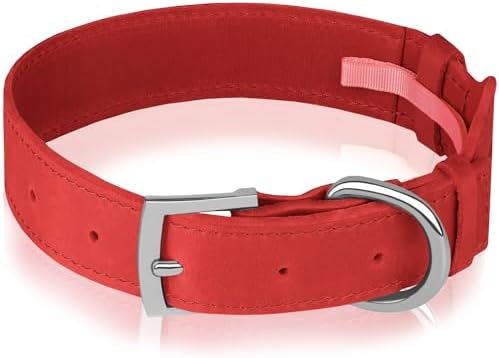 Leather Dog Collar with Airtag Holder - Apple Air Tag Dog Collars - Soft Tracking GPS Pet Collar for Small Medium Large Dogs Breed Puppy (Red, M, 12"-15" Neck Fit)