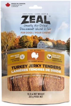 ZEAL Natural Turkey Jerky Tenders for Dogs, 100% Real Canadian Turkey, Lean Weight Management Protein, Grain Free, Soft Training Treats, Air-Dried, Made in Canada, 10oz
