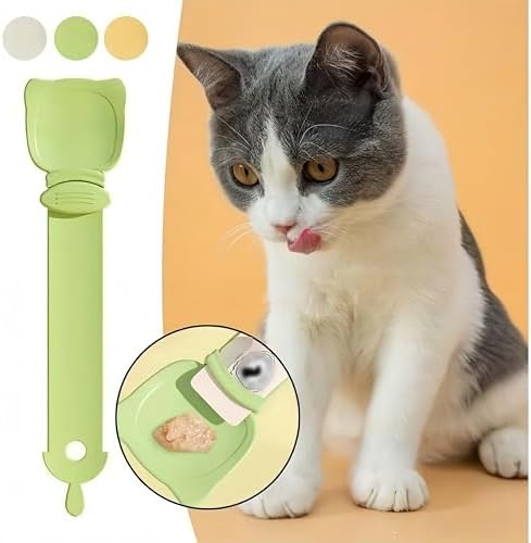 Multifunctional Cat Strip Squeeze Spoon - Cute Cat Head Feeder, 3 Color Strip, Wet Food Dispenser & Treat Spoon (Pet Supplies) (Beige-1PCS+Orange-1PCS)