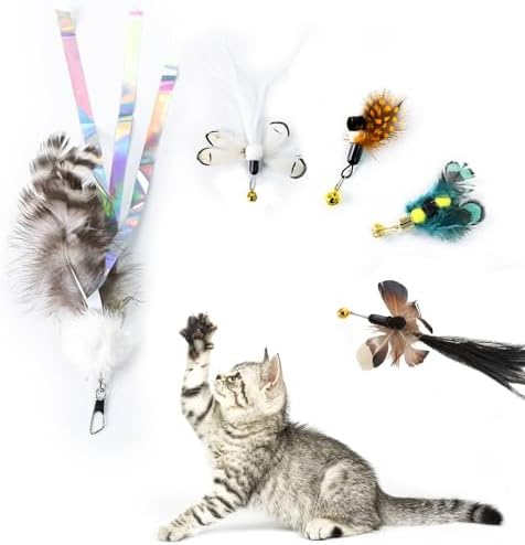 Cat Insect Feather Toys Replacement Cat Toy Wand Refills, 6 Pieces Natural Insect Cat Toy Feathers Refill, Interactive Cat Teaser Wand Attachments, with Bell