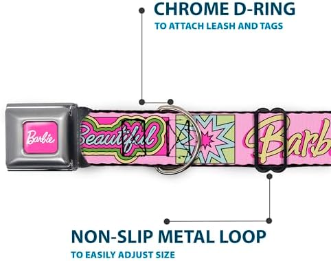 Mattel Pet Collar, Dog Collar Metal Seatbelt Buckle, Barbie Smart Beautiful Strong Icons Pink Multi Color, 13 to 17 Inches 1.5 Inch Wide