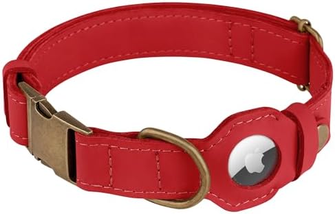 AirTag Dog Collar - Genuine Leather Dog Collar with Apple AirTag Holder and Metal Buckle - Smart GPS Tracking Pet Collars (Red, XL, 20"-25" Neck Fit)