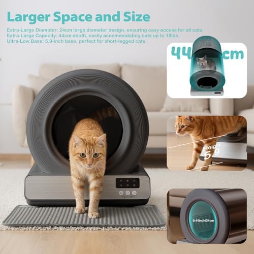 Stainless Steel Self-Cleaning Cat Litter Box, Smart APP Control Automatic Litter Box with Safety Sensors, Odor Control, Low-Entry, Large Capacity Design for Multiple Cats (Grey)