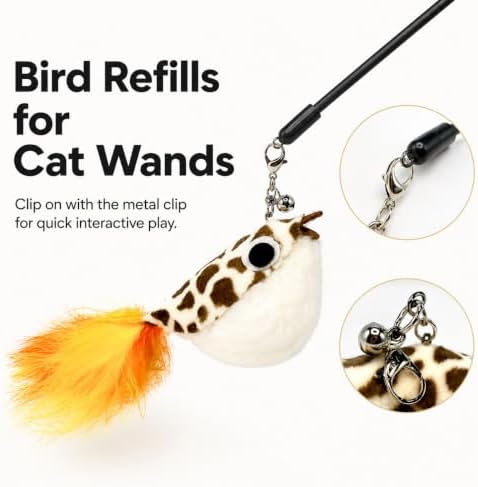 11 PCS Multi-Functional Cat Toy Replacement Heads – Realistic Handmade Bird Teasers with Bells & Detachable Clip, for Interactive Play, Indoor Enrichment & Home Decoration