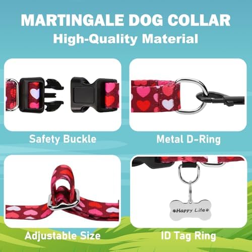 Valentines Martingale Dog Collar Pink Burgundy Heart Love, Small