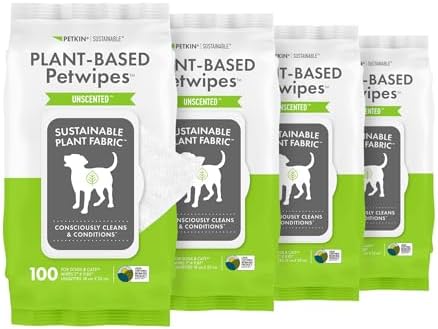Petkin Plant-Based PetWipes, 100 Wipes, 4 Pack - Biobased, Sustainable, Big & Thick Pet Wipes for Dogs & Cats - for Face, Paws, Ears, Body & Eye Area - Consciously Cleans & Conditions - Unscented