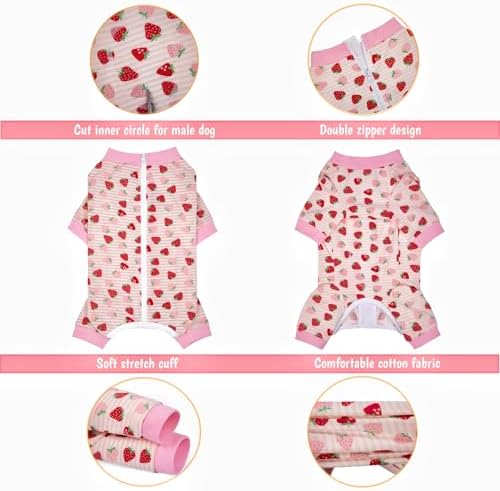 Recovery Suit for Dogs Full Zipper, Four-Legged Onesie Dog Recovery Suit After Surgery Cute Soft Bodysuit Cone Alternative Male Female Neuter Anti Licking Wounds (Pink Strawberry, 3X-Large)