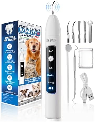 SIRGAWAIN Pet Ultrasonic Dental Cleaner — Plaque, Tartar & Stains Remover, 4 Tips, 3 Modes, LED, Contact-Activated & Smart Touch Protection, Complete Cleaning Kit for Dogs & Cats