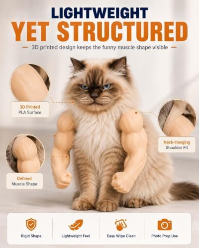 Cat Muscle Arms Pet Costume, Funny 3D Printed Buff Design, Lightweight Adjustable Neck Hanging Shoulder Outfit with Big Biceps Hands, Halloween Cosplay Photo Prop for Cats & Small Dogs, Large
