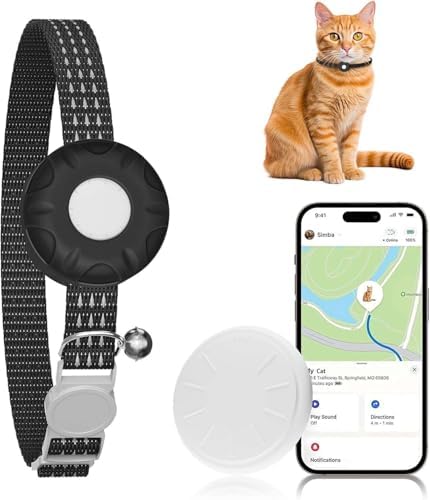 Cat Tracker, Cat Tracker Collar with Safety Elastic Buckle, Works with Any Collar, GPS Tracker for Cats, Compatible with Apple Find My App (Only iOS), No Monthly Fee, Waterproof, Black