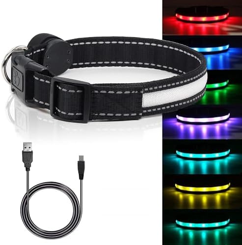 Light Up Dog Collars, Safety LED Dog Collar Rechargeable 7 Colors in One Lighted Dog Collar Glow in The Dark Dog Walking Light, Neon Durable Nylon Adjustable Buckle for Small/Medium/Large Dogs, L Size