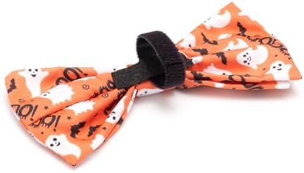 THE WORTHY DOG Pet Bow Tie for Dogs & Cats – Soft Printed Polyester Collar Bow Tie with Touch Fastener, Attaches to Any Collar - Spooky Pattern, Orange, Large