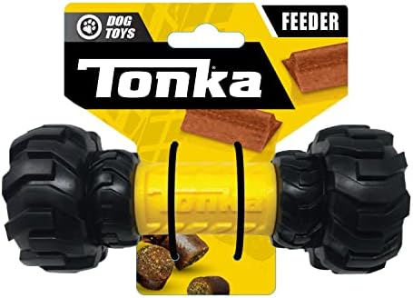 Tonka Axle Tread Dog Toy with Interactive Feeder, Lightweight, Durable and Water Resistant, 7 Inches, for Medium/Large Breeds, Single Unit, Yellow/Black