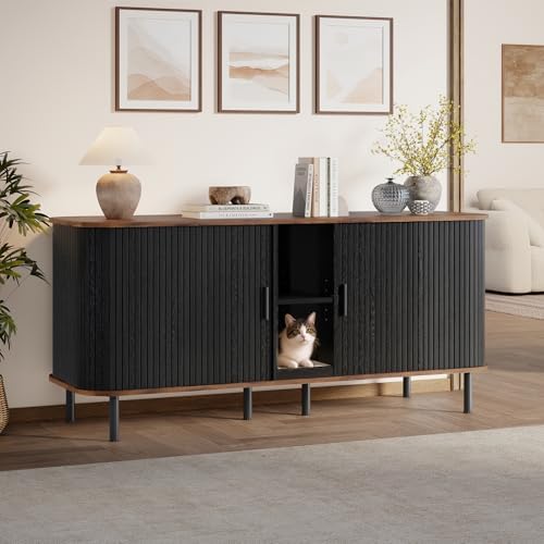 58'' Double Cat Litter Box Enclosure with Sliding Door, Black