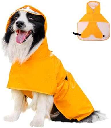 Dog Raincoat,Dog Rain Jacket Poncho with Hood and Leash Hole(Yellow,L)