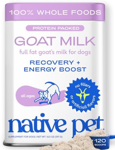 Native Pet Goat Milk Powder - Dog Food Topper for Active Dogs - Post-Activity Recovery, Energy, Immune Support, Hydration & Bone Health - Whole Goat Milk with MCTs & Essential Minerals - 120 Scoops