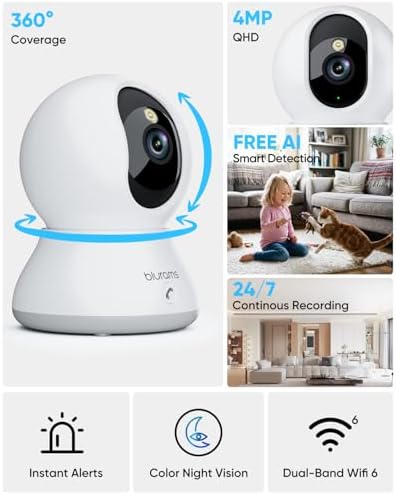 blurams 4MP Cameras for Home Security, 360° PTZ Pet Indoor Camera with Phone App, One-Touch Call, Dual-Band WiFi 6, Free Human/Pet/Motion/Sound/Cry Detection, Compatible with Alexa