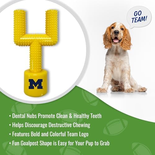 NCAA Michigan Wolverines Mega-Chew Hard Nylon Bacon-flavored Dog Bone Football Goal-Post Chew Toy. Interactive, Tasty & Fun Dog Chew Toy. Indestructible, Strong, Tough & Durable Pet Chew Toys