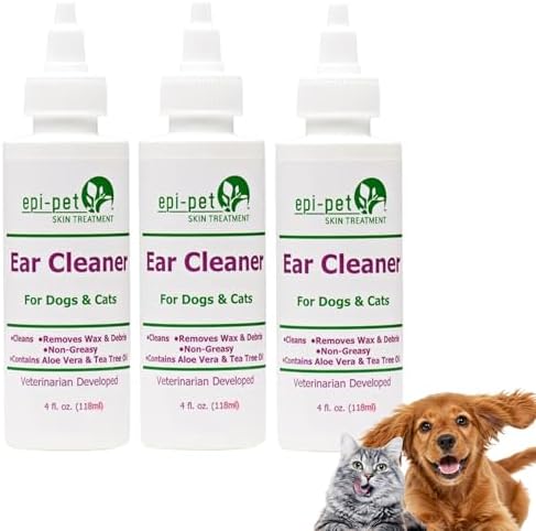 Epi-Pet Dog & Cat Ear Cleaner Solution with Aloe Vera & Tea Tree Oil – Removes Itchy Ear Wax, Debris, Odor – Ears Wash, Drops & Flush for Pets, Dog Ears Cleaning, Cat Cleaner (4 oz- Pack of 3)